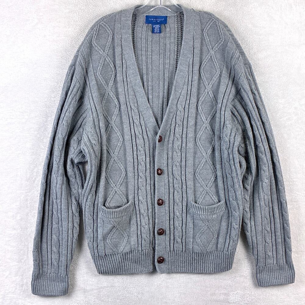 VTG JC Penny Towncraft Cardigan Sweater Mens XL Gray Cable Knit Grandpa 80s 90s